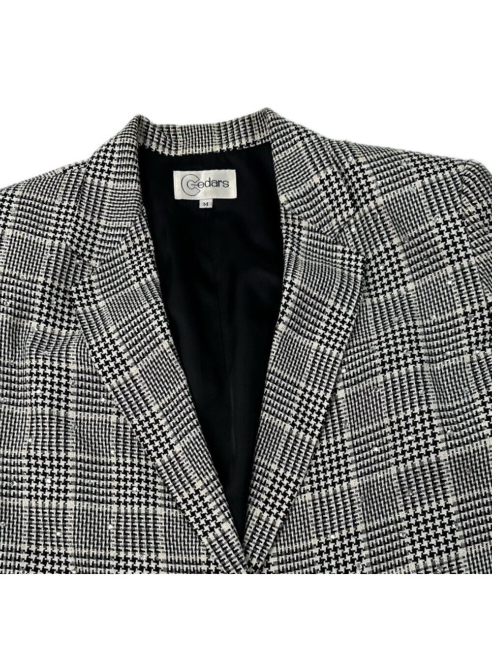 Cedars Women’s Black White Plaid Houndstooth Rhinestone Blazer Jacket Size M